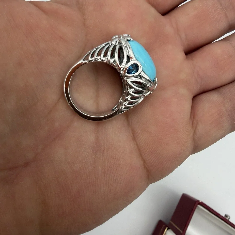 Vtg MICHELLE ALBALA Turquoise Blue Topaz Ring Sterling‎ Silver Ring Size 7 QVC